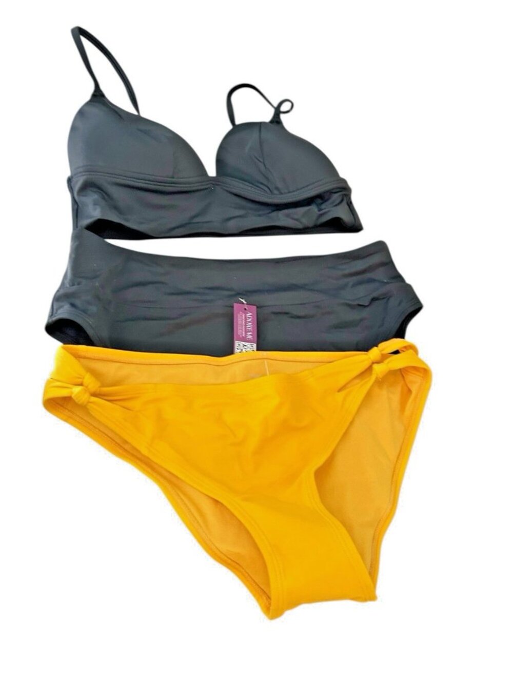 Adore Me Bikini 3 pc Set Size Medium Top & 2 Matching Bottoms Black Yellow NWT
